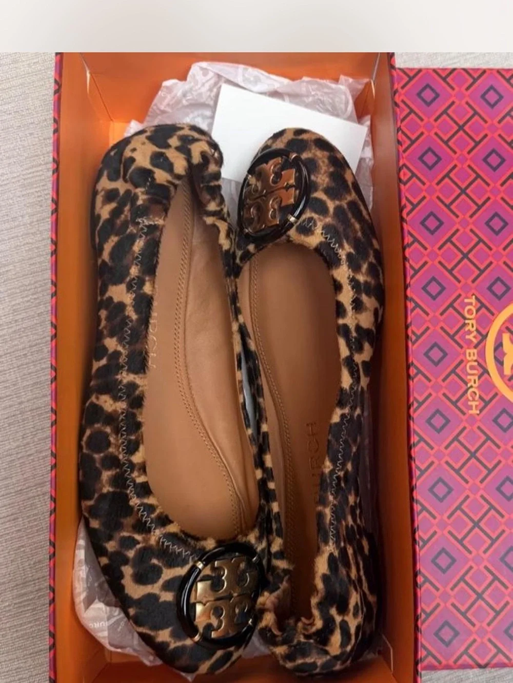 Tory Burch Leopard Ballet Flats with Logo Medallion - Tan/Black Size 8.5